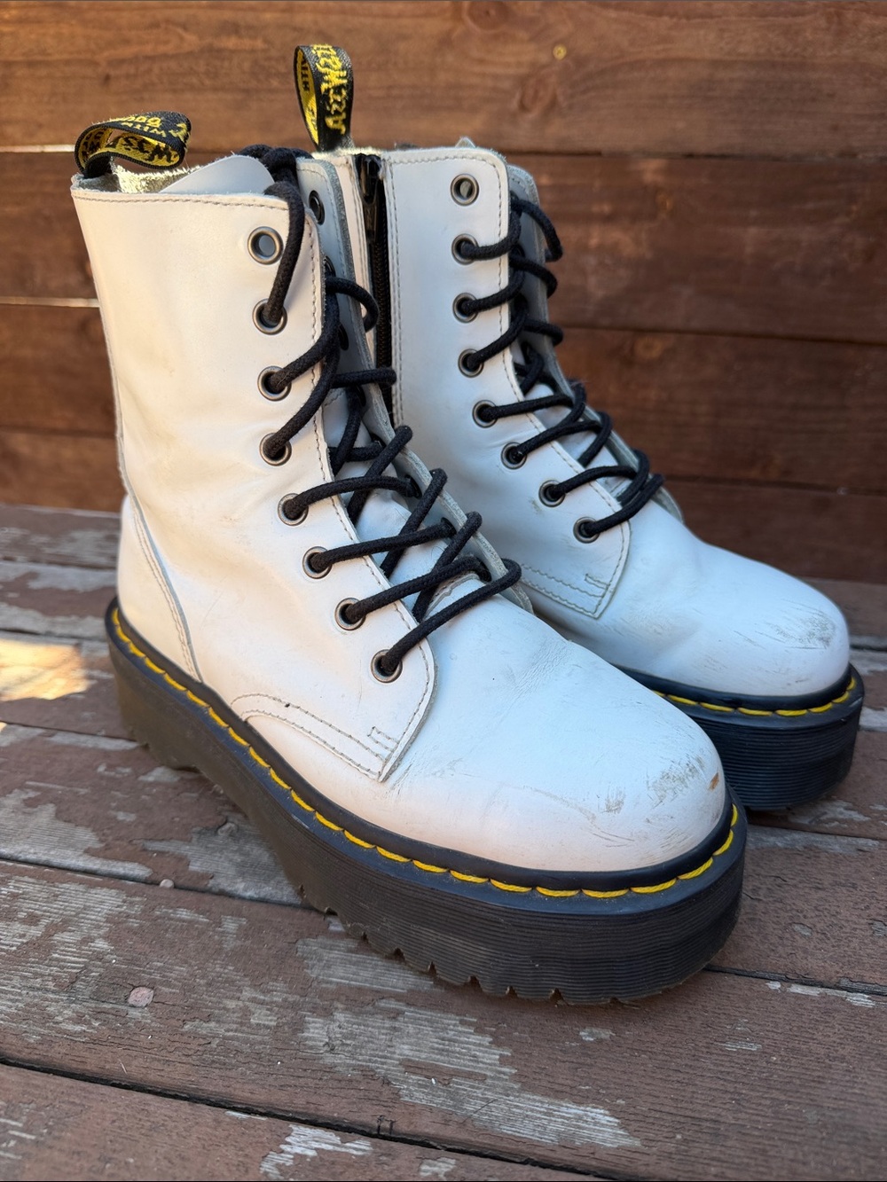Dr. Martens White Platform Lace-Up Boots with Black Laces and Yellow Stitching